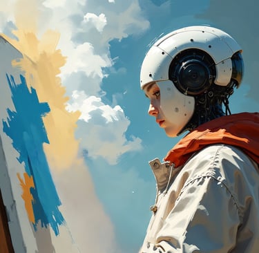 AI half-robot artist looking at a canvas