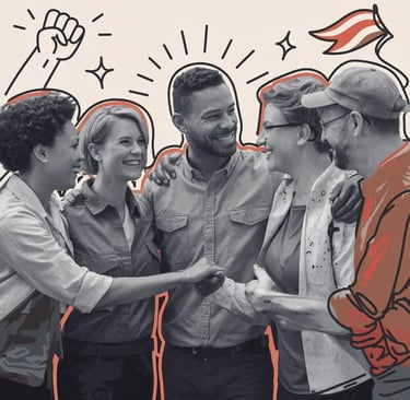 Image de travailleurs en vêtements de tous les jours accueillant chaleureusement un nouveau membre dans leur syndicat, symbol