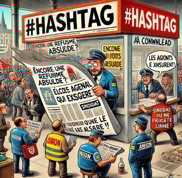 Illustration satirique d'un agent municipal lisant un journal géant intitulé 'Hashtag', entouré de collègues et d'un élu crit
