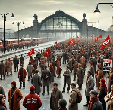 Image de manifestants modernes, habillés de styles variés et tenant des drapeaux rouges et des pancartes, rassemblés devant u