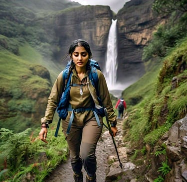 Woman trekking on waterfall 