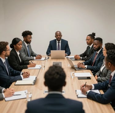 A sleek conference room with B.M.M Global Marketing Group Inc. team collaborating over campaign strategies.