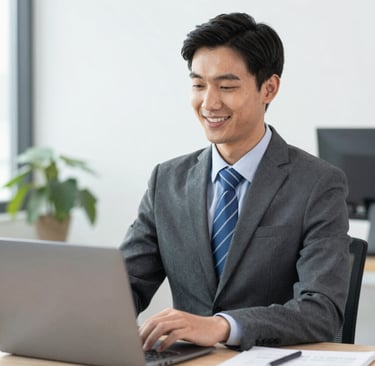 A sleek office space with a team collaborating over digital marketing plans.