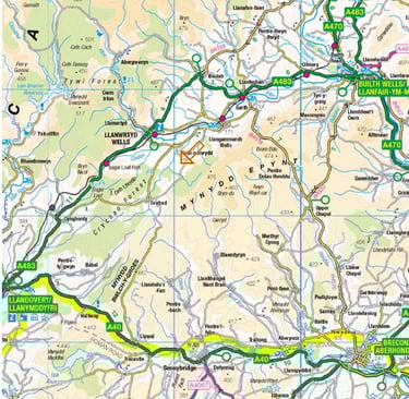 Map of Mid Wales showing Llanwrtyd Wells