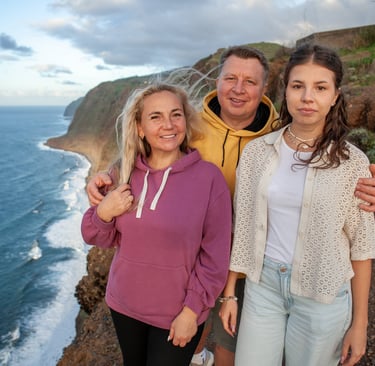 Family portrait at sunset photoshoot at Ponta do Pargo cliff edge Madeira