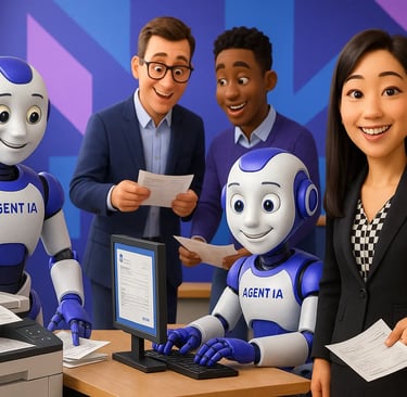 Agents IA et experts comptables collaborant au bureau pour automatiser la saisie et la gestion des documents financiers.