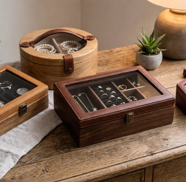 Quatre boîtes à bijoux en bois, cuir,velours et verre disposées sur une table, pour bagues, colliers et bracelets