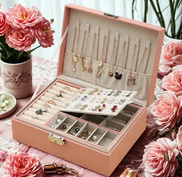 Boîte à bijoux moderne rose ouverte avec multiples compartiments pour ranger bagues, colliers et boucles d'oreilles.