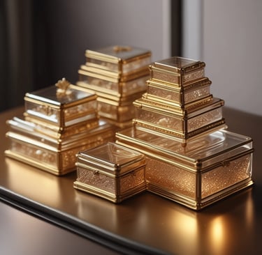 Collection de boîtes à bijoux en verre transparent et laiton doré superposées sur un meuble en bois.