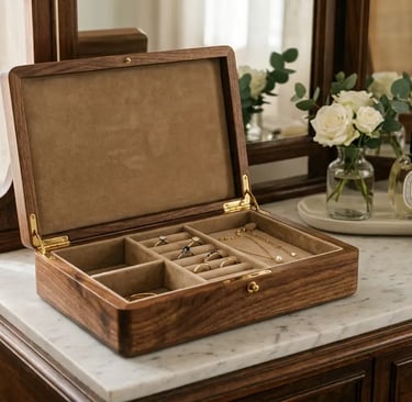 Grande boîte à bijoux ouverte en bois massif de noyer avec intérieur en velours, posée sur une coiffeuse.