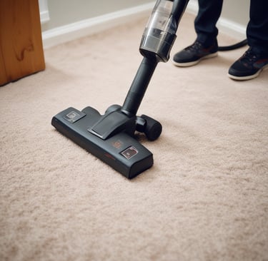 A professional cleaner vacuuming a plush carpet.