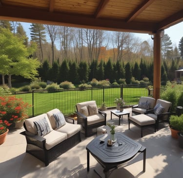 A peaceful backyard garden with lush greenery.
