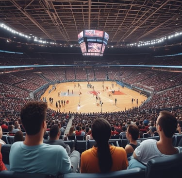 A vibrant image of fans enjoying a Raptors game on a large projector with food and drinks.