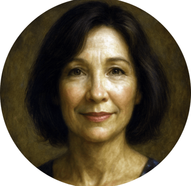 A warm, wise woman with kind eyes and a calm, knowing gaze