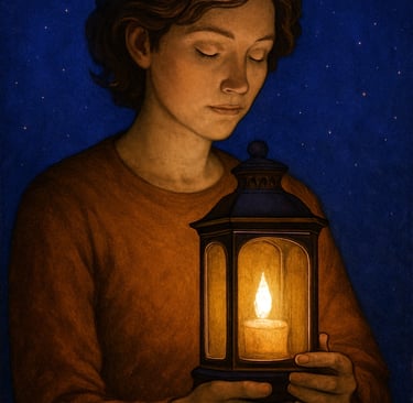 A young person stands under a starry sky, gently cradling a glowing lantern, a single flame mirrored