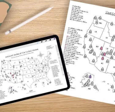Printable National Parks Map Checklist showing all 63 parks