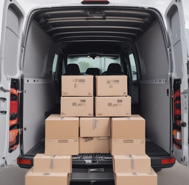 A smiling delivery driver holding a package, standing next to the van.