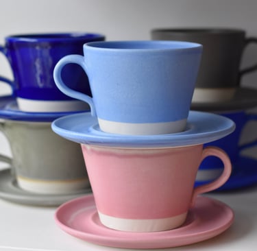 Tea Cups and Saucers in : Pale blue Matte, Pale Pink Matte, Midnight Blue, Khaki and Denim