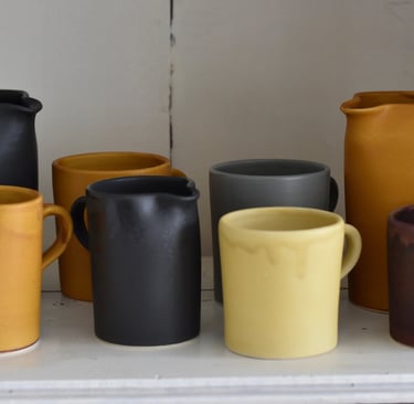 Large and Small Jugs  Charcoal, Ochre ,Mug Grey Small Mugs Sand  Auberginee