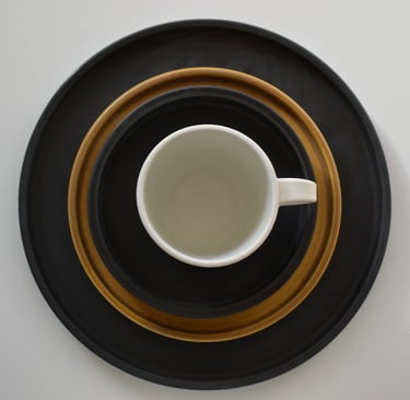 Dinner Plate Grey ,Side Plate Ochre Breakfast Bowl Charcoal Mug White