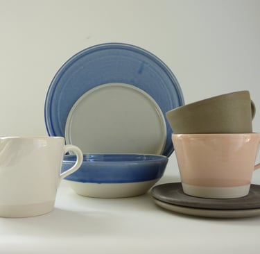 Milk Jug White Gloss Cup/Saucers Pale Pink and Khaki Side Plate Pale Grey Dinner Plate Pale Blue