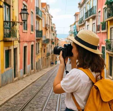 Woman taking photos in the colorful streets of Lisbon, Portugal