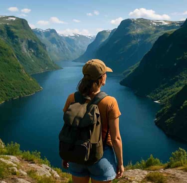 Solo female traveler admiring the fjords