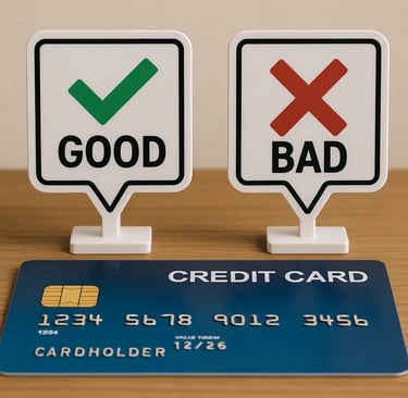 A credit card placed on a desk representing the debate on whether credit cards are good or bad for financial health.