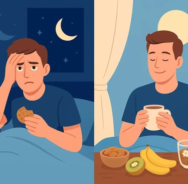 A variety of sleep-friendly foods including bananas, almonds, chamomile tea, and warm milk placed on a wooden table for bette