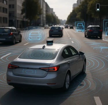 Autonomous car with sensors, LiDAR, and cameras processing real-time traffic data on the road