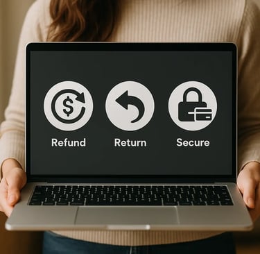 Illustration of a shopper holding a laptop with icons of refund, return, and secure payment representing consumer rights