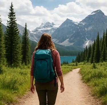 Female backpacker enjoying a peaceful walk in Banff National Park, Canada