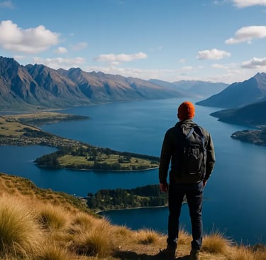 Solo traveler overlooking the mountains and lakes of Queenstown, New Zealand