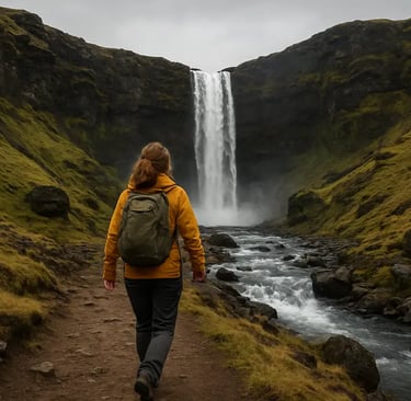 Woman hiking alone near a waterfall in Iceland’s rugged landscape