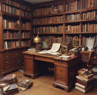 A thoughtful person reading a philosophical book in a cozy study.