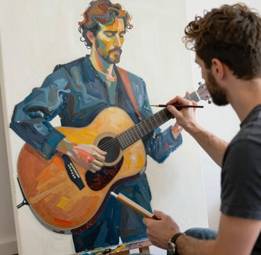 A group of people are observing a large, classical painting in a gallery setting. The painting depicts a historical or regal scene with numerous figures in elaborate clothing. The observers are silhouetted against the brightly lit artwork.