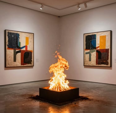 A collection of vibrant and colorful paintings displayed on a makeshift wall. The artworks feature a variety of subjects, including vintage cars, urban street scenes, and portraits. Some pieces use bold colors while others are in monochrome. The setting appears to be an art studio or gallery space with a high ceiling and industrial elements.