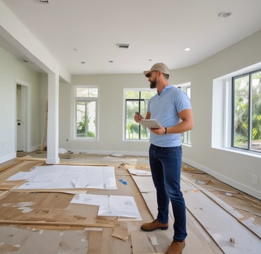 Aerial view of a construction site featuring multiple partially constructed buildings with a combination of flat and sloped roofs. The site is surrounded by a mix of residential houses and green areas. There are construction materials scattered around, and the roads nearby are bordered by trees and small residential properties.