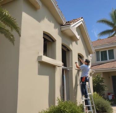 A construction worker is on the roof of a partially built wooden house, handling a piece of plywood. The wooden structure is in the initial stages of development and consists mainly of a framed outer wall without siding or windows. There is a ladder inside the building, visible through an opening.