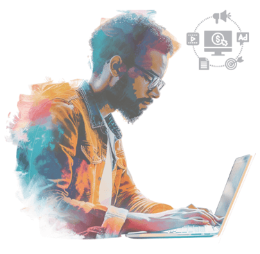 Colourful image of a man using a laptop with the advertising logo in the corner