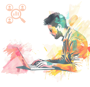 Colourful image of a man using a laptop with the competitor analysis logo in the corner