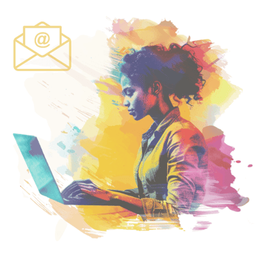 Colourful image of a woman using a laptop with the email logo in the corner