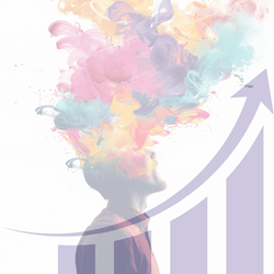 Upward graph with a colourful image representing a customers getting mindblown
