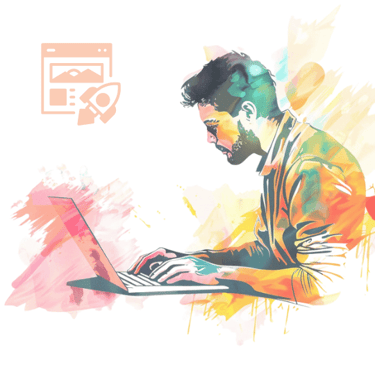 Colourful image of a man using a laptop with the landing page logo in the corner