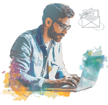 Colourful image of a man using a laptop with the newsletter logo in the corner