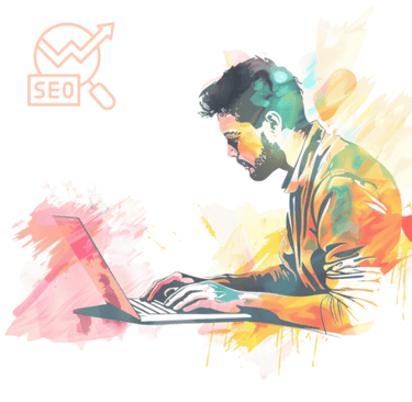 Colourful image of a man using a laptop with the SEO logo in the corner
