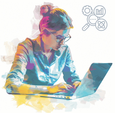 Colourful image of a woman using a laptop with the topic research logo in the corner