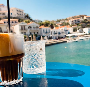 ChatGPT Iced coffee at the port of Evdilos, Ikaria, Greece