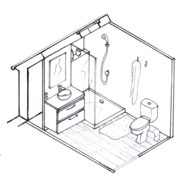 Maison H. Axonométrie aménagement salle d'eau sous pente