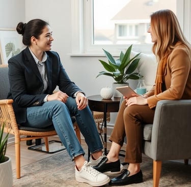 a woman sitting in a chair talking to a woman